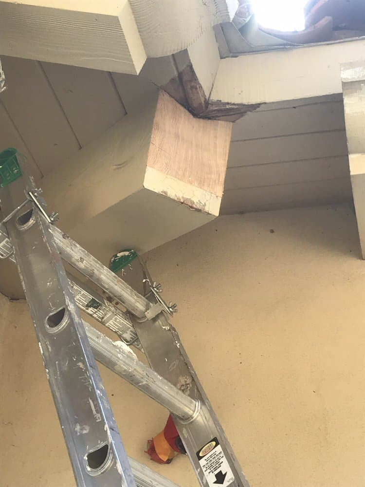 Damaged corner eave exposed during a Section 1 termite repair, with a temporary block in place.